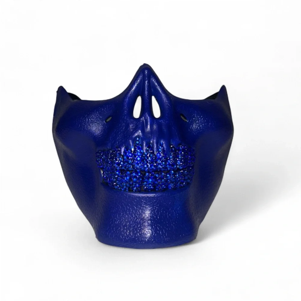 Blue Half Skull Mask With Blinged Out Sapphire Blue Luxe Crystal Grillz New